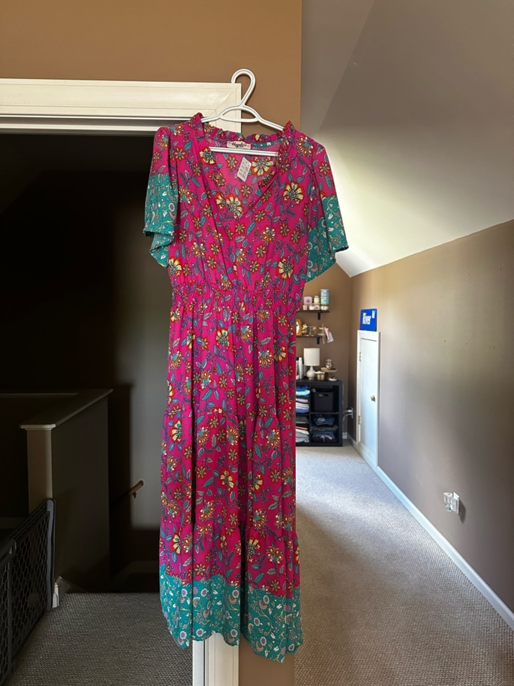 Bright Floral Maxi Dress in Magenta with Teal Accents
